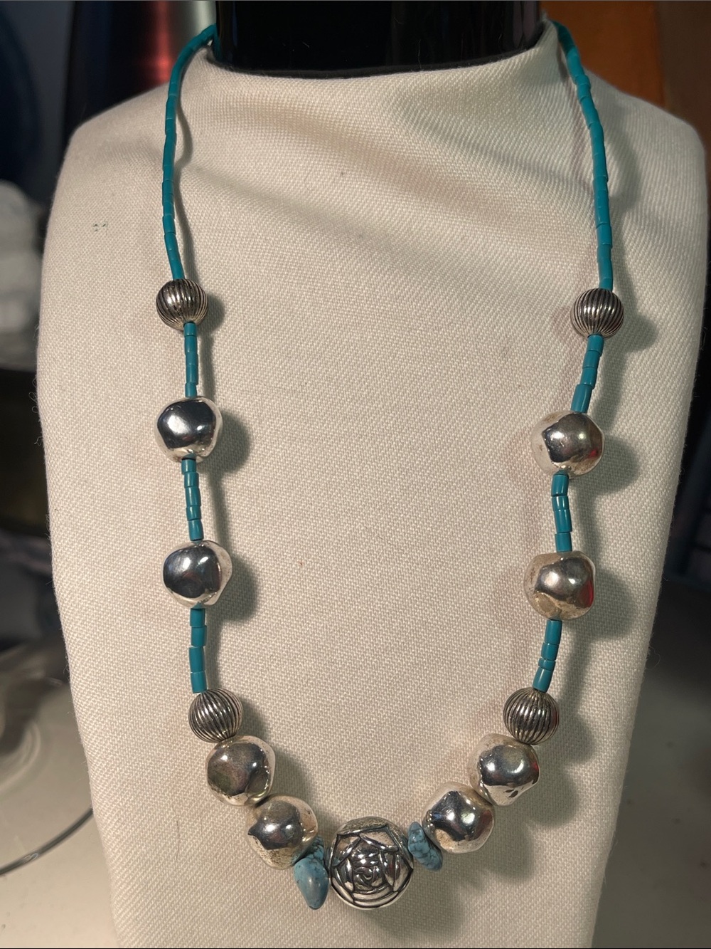 Vintage silver and turquoise-colored bead necklace with barrel clasp - 16”